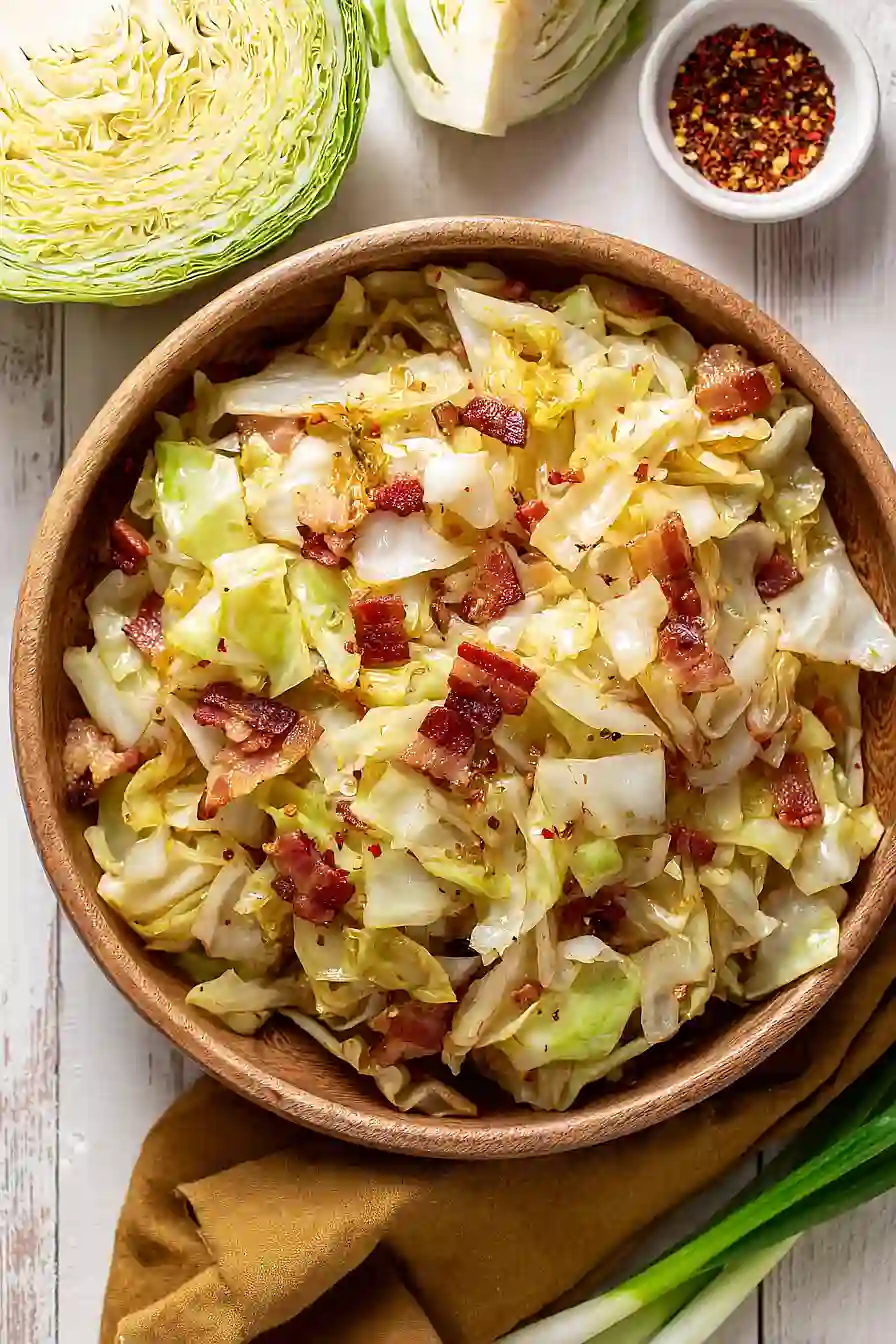 fried cabbage with bacon and onion