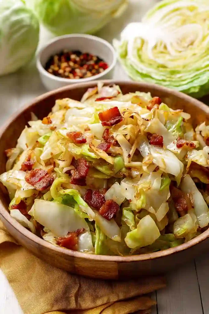 fried cabbage with bacon and onion