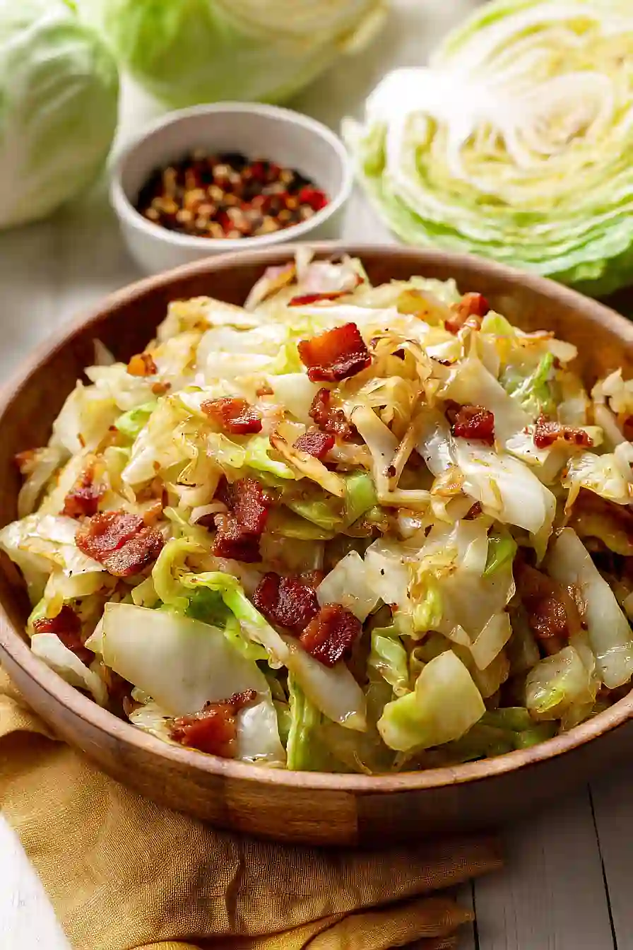 fried cabbage with bacon and onion