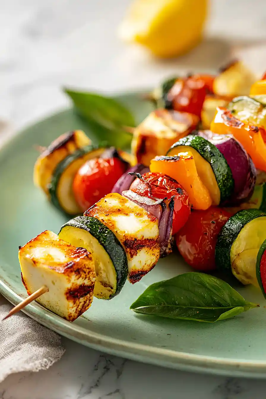grilled halloumi and vegetable skewers