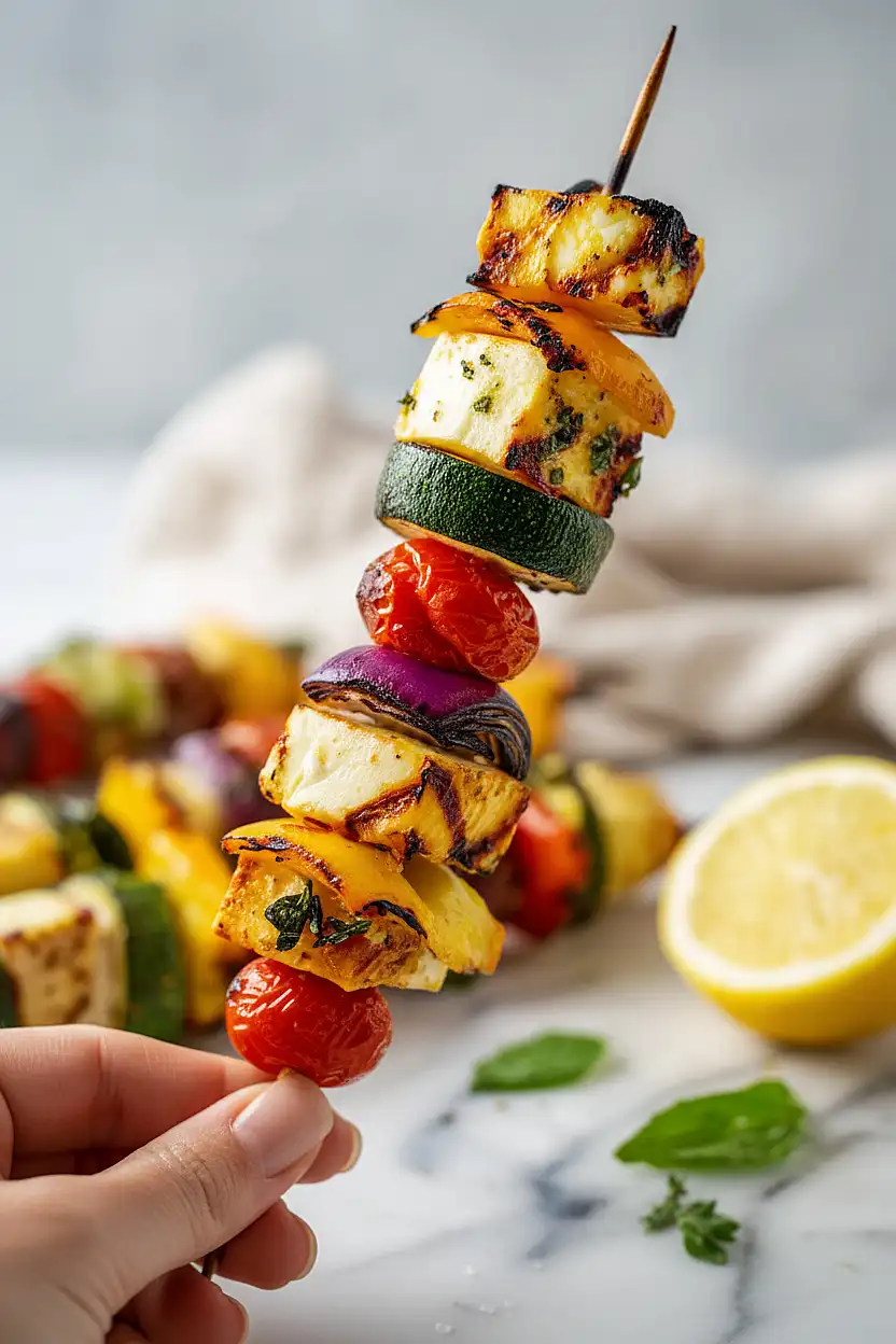 grilled halloumi and vegetable skewers